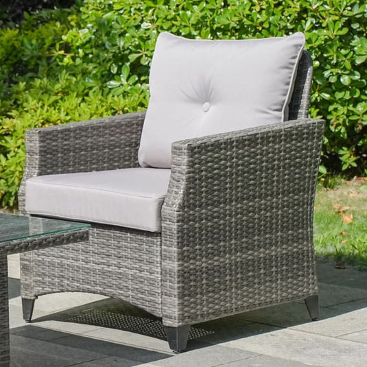 grey armchair with light grey back and base cushions