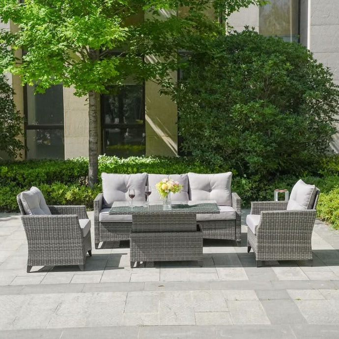 grey sofa set with 1 sofa, 2 armchairs and a glass topped rising rectangular