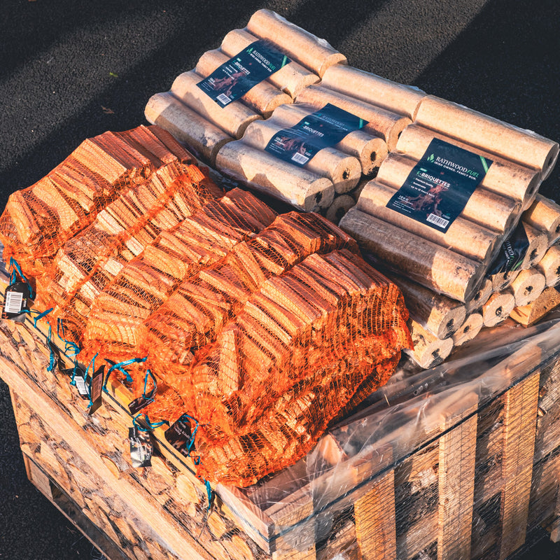 Load image into Gallery viewer, Hardwood Firewood Pallet Topper - 5 Bags of Kindling and 10 Bags of E-Briquettes
