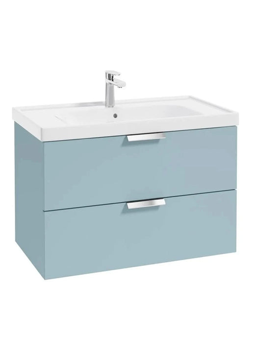 wall hung 2 drawer vanity unit in matt morning sky blue