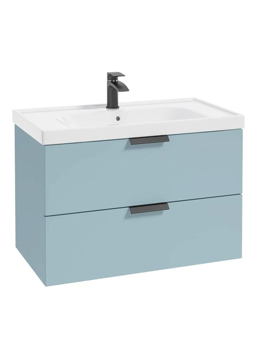 wall hung 2 drawer vanity unit in matt morning sky blue