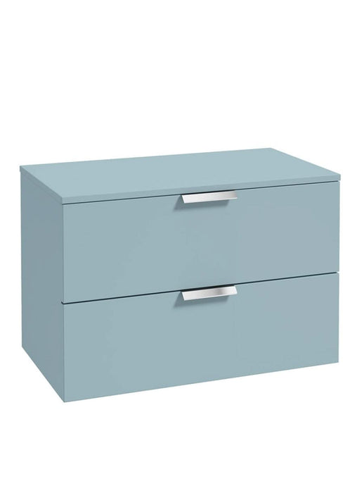 wall hung two drawer countertop vanity unit in matt morning sky blue