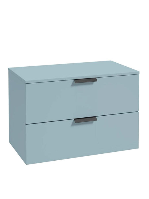 wall hung 2 drawer countertop vanity unit in matt morning sky blue