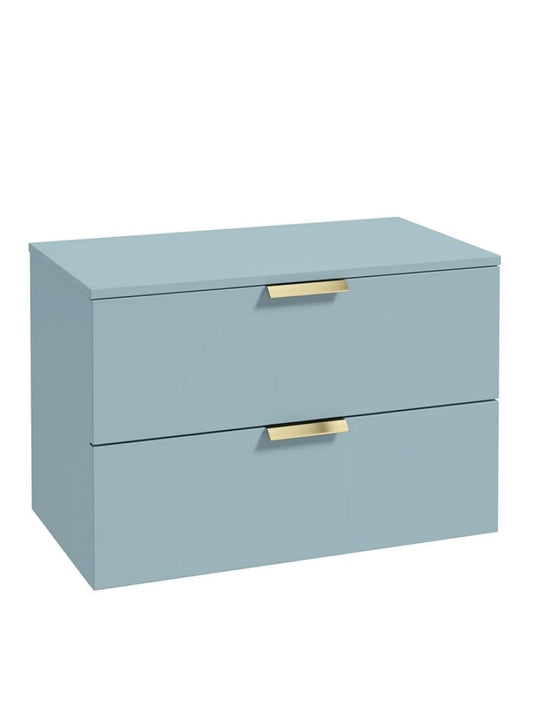 wall hung 2 drawer countertop vanity unit in matt morning sky blue