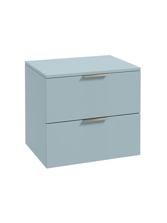 wall hung 2 drawer countertop vanity unit in matt morning sky blue