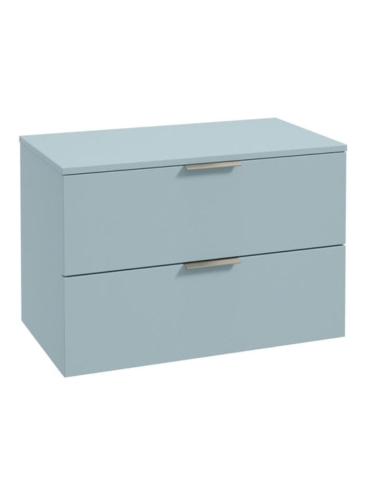 wall hung 2 drawer countertop vanity unit in matt morning sky blue