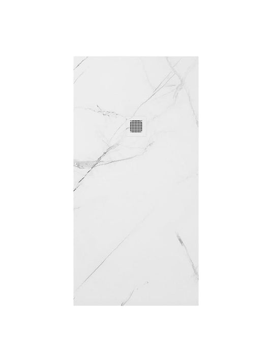 white marble shower tray and waste