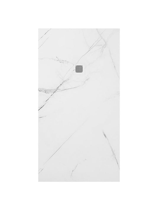 white marble shower tray and waste